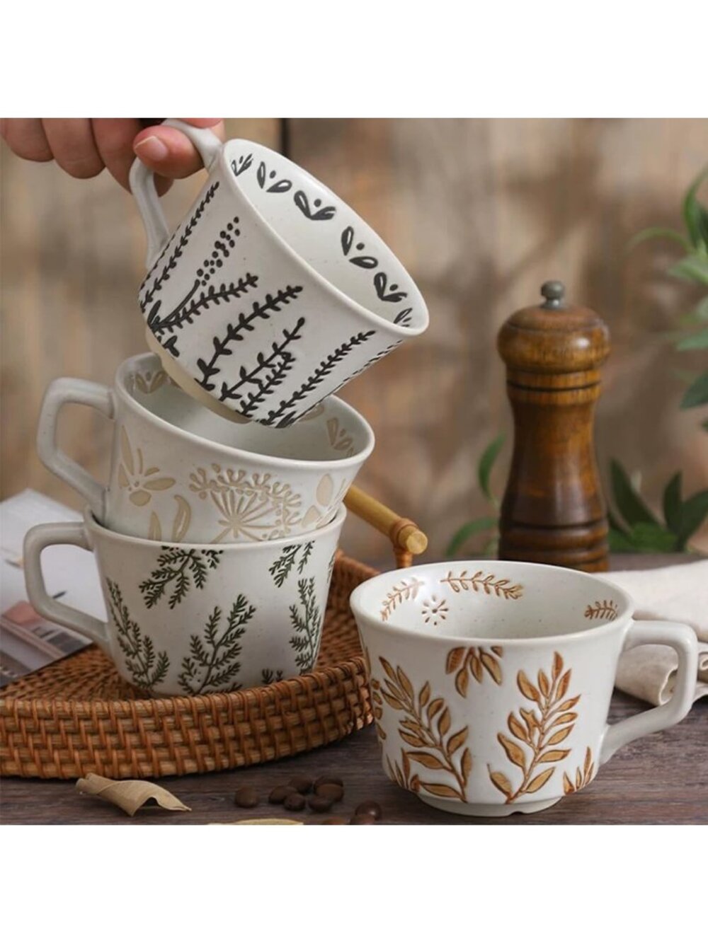 Vintage Ceramic Mug Set of 4 - 11oz Porcelain Coffee Cups for Tea, Latte, Gifts